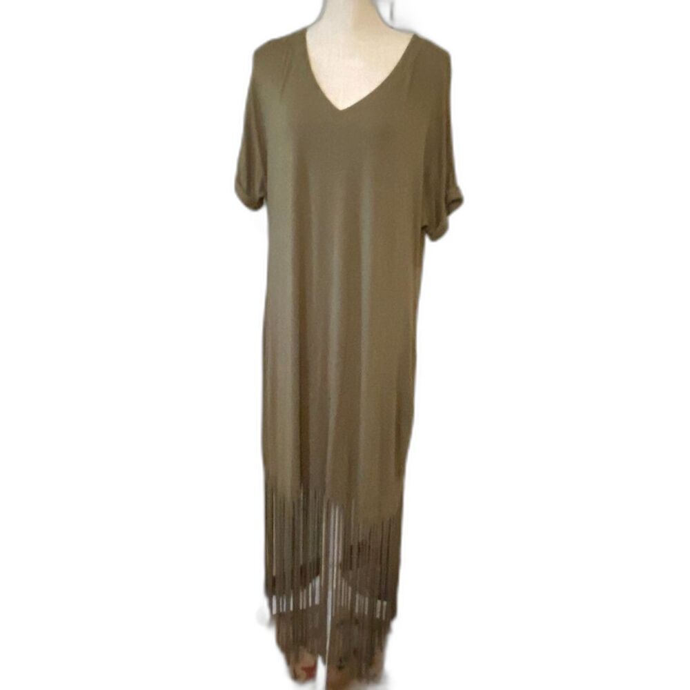 Cato Boho Olive Green Fringed Short Sleeve Dress Size XL